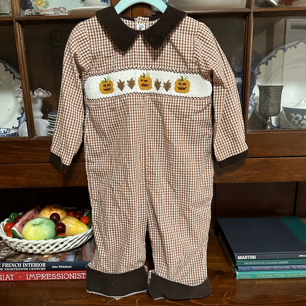 Royal Child Brown Gingham Baby Romper with Pumpkin Embroidery Halloween